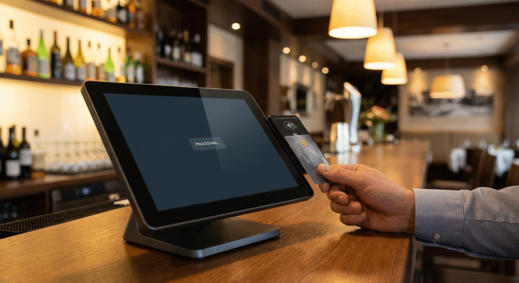 Modern restaurant POS terminal on elegant counter