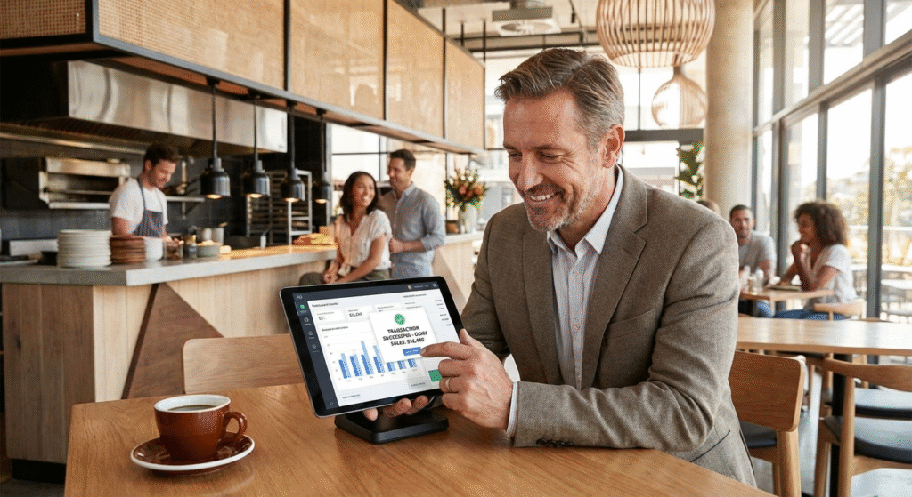 Restaurant owner reviewing payment analytics