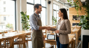 Restaurant owner signing up with Lucrative Merchants for payment processing services