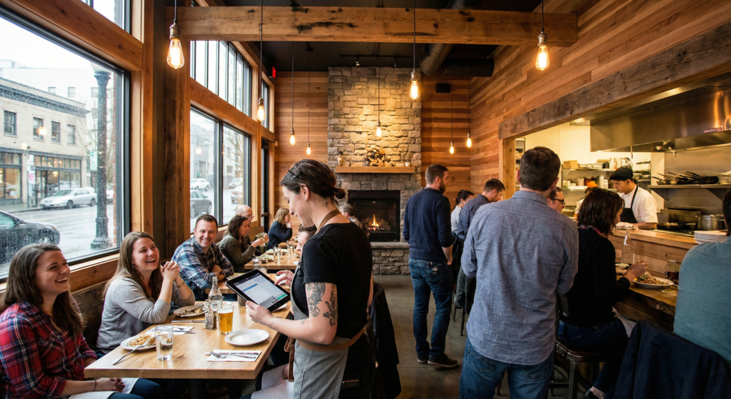Trendy Seattle restaurant with server using modern POS tablet