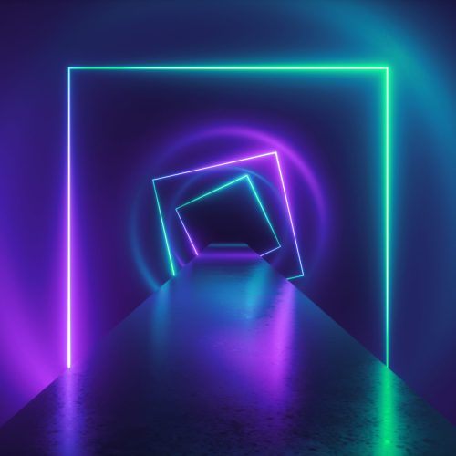 3d render, virtual reality environment, neon light, square portal, tunnel, ultraviolet spectrum, abstract background, laser show, fashion podium, path, way, road, stage, floor reflection