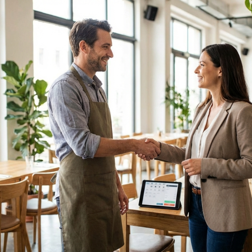 Restaurant owner signing up with Lucrative Merchants for payment processing services